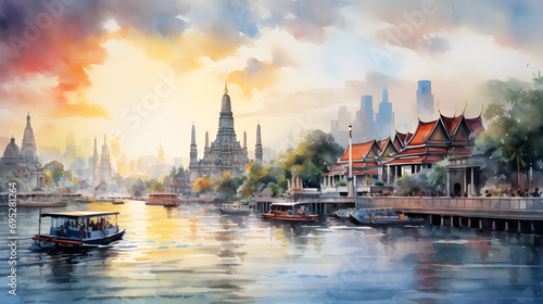 Captivating Watercolor of Bangkok, Thailand. Exploring Vibrant Urban Life in Southeast Asia's Metropolitan Hub, Artistic Rendering of City Street, Cultural Diversity and Energetic Cityscape.