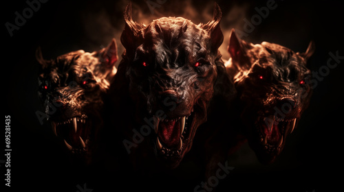 Fictional mythical evil rabid creature cerberus demon with three heads barking photo