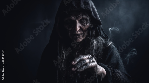 Fictional mythical evil old creature black annis witch with black coat photo