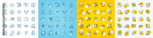 Vector icons set of Lightning bolt, Accounting and Sound wave line icons pack for web with Idea, Squad, World vaccination outline icon. Compliance, Rainy weather, Magnesium mineral pictogram. Vector
