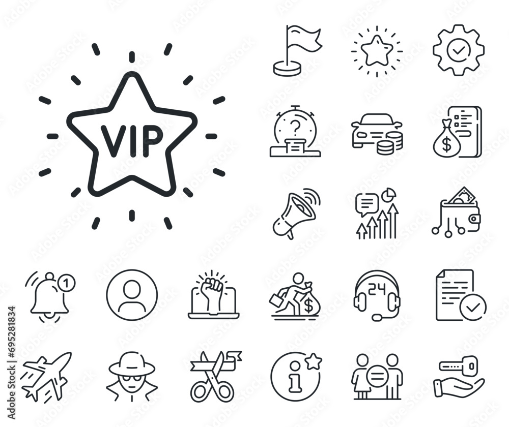Very important person star sign. Salaryman, gender equality and alert bell outline icons. Vip line icon. Member club privilege symbol. Vip star line sign. Spy or profile placeholder icon. Vector
