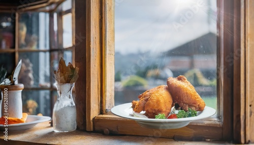 Copy Space image through the window of Fried Breaded chicken tender strips