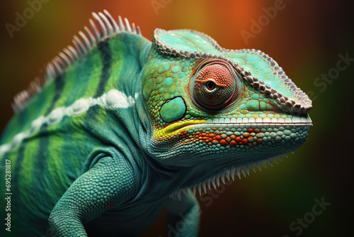 green Chameleon on the branch Beautiful extreme close-up  green iguana on a branch