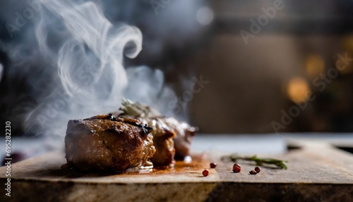 Copy Space image of Barbecue grilled and sliced wagyu Rib Eye beef meat steak on a plate with smoke on bokeh background. photo