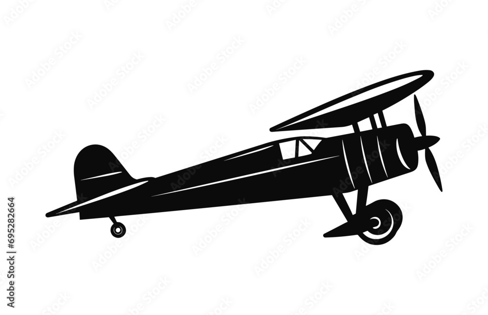 A Biplane Silhouette Vector isolated on a white background, Old biplane Black Clipart