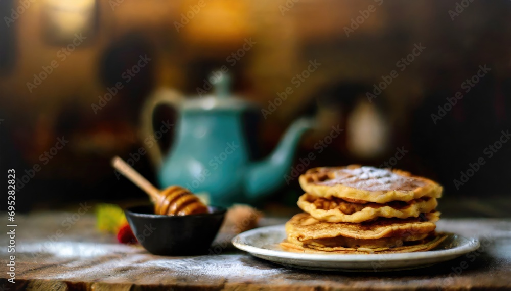 Copy Space image of Delicious viennese waffles with maple syrup drizzle and blackberry on dark brown wood background. Copy Space image of Delicious viennese waffles with maple syrup drizzle and blackberry on dark brown wood background.