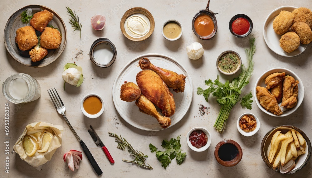 Copy Space image of Breaded chicken drumstick, leg, wing and breast tenders strips. Dark Wooden background. Copy Space image of Breaded chicken drumstick, leg, wing and breast tenders strips. Dark Wooden background.