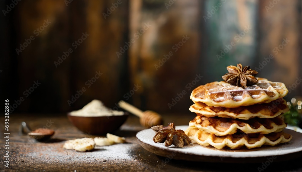 Copy Space image of Delicious viennese waffles with maple syrup drizzle and blackberry on dark brown wood background. Copy Space image of Delicious viennese waffles with maple syrup drizzle and blackberry on dark brown wood background.