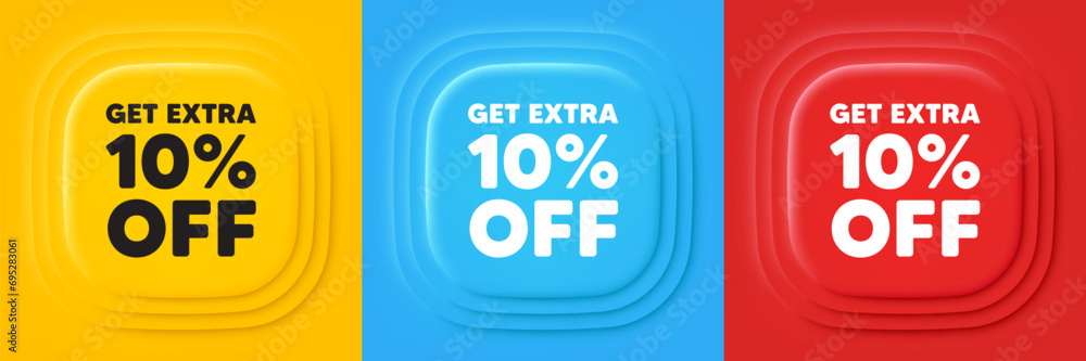 Get Extra 10 percent off sale. Neumorphic offer banners. Discount offer price sign. Special offer symbol. Save 10 percentages. Extra discount podium background. Product infographics. Vector Get Extra 10 percent off sale. Neumorphic offer banners. Discount offer price sign. Special offer symbol. Save 10 percentages. Extra discount podium background. Product infographics. Vector