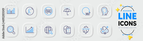 Internet, Waterproof umbrella and Column chart line icons for web app. Pack of 360 degrees, Face biometrics, Fake news pictogram icons. Time management, Iceberg, Pound money signs. Vector