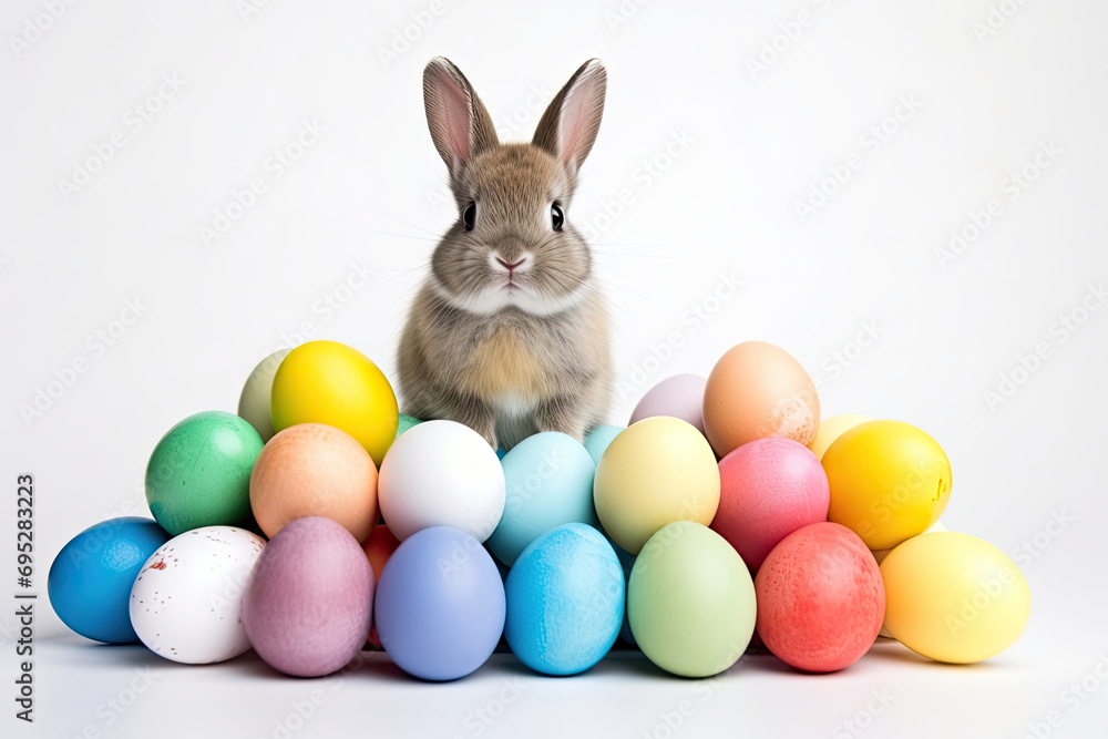 easter bunny with easter eggs, Colorful eggs in decorative.painted Easter eggs and brown bunny on blur light background easter bunny with easter eggs, Colorful eggs in decorative.painted Easter eggs and brown bunny on blur light background