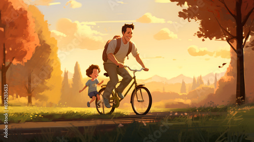 father and son ride bicycles in the park