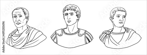 Busts of Julius Caesar, Augustus and Tiberius. Portraits of Roman Emperors. Vector drawing.
