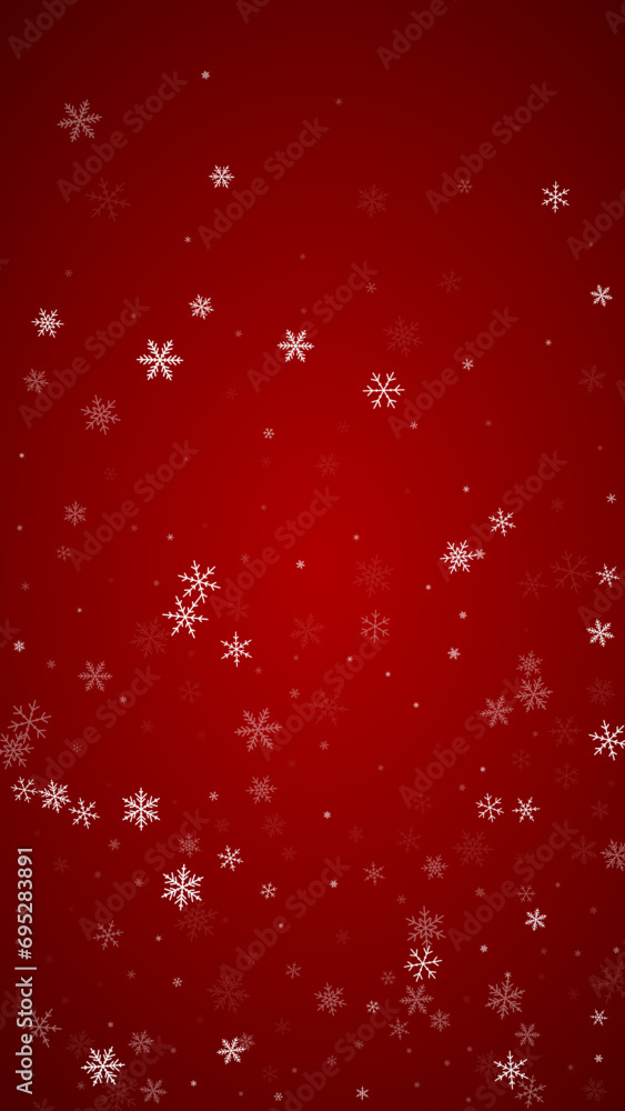 Magic falling snow christmas background. Subtle flying snow flakes and stars on christmas red background. Magic falling snow holiday scenery. Vertical vector illustration. Magic falling snow christmas background. Subtle flying snow flakes and stars on christmas red background. Magic falling snow holiday scenery. Vertical vector illustration.