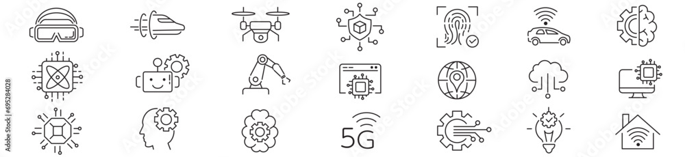 Technology, Biometric, Robot, Hyper loop, Cloud computing, AI, 5g, Lan, editable icon collection vector
Technology, Biometric, Robot, Hyper loop, Cloud computing, AI, 5g, Lan, editable icon collection vector