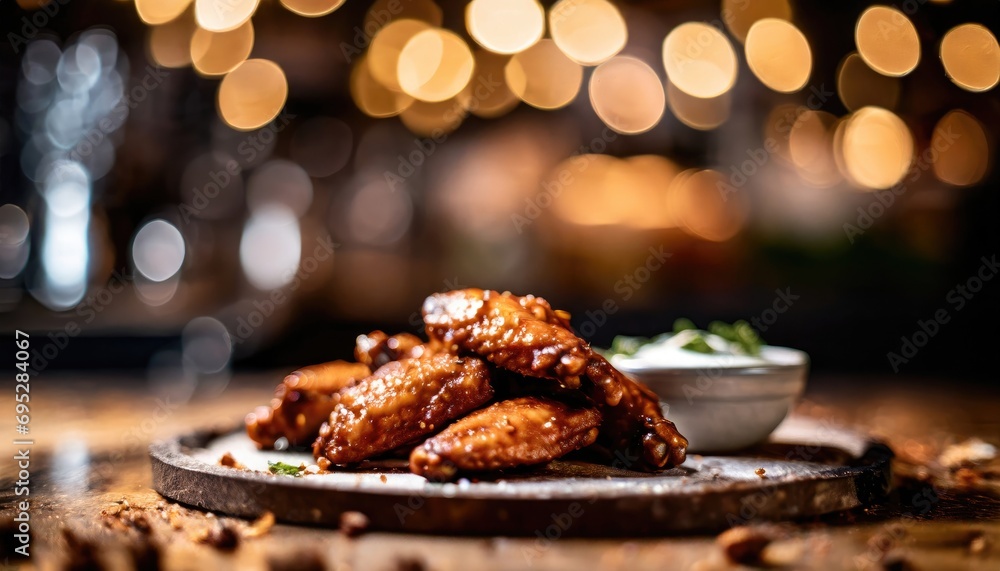 Copy Space image of Grilled chicken wings with sauces on a wooden board. Traditional baked bbq buffalo wing on bokeh background. Copy Space image of Grilled chicken wings with sauces on a wooden board. Traditional baked bbq buffalo wing on bokeh background.