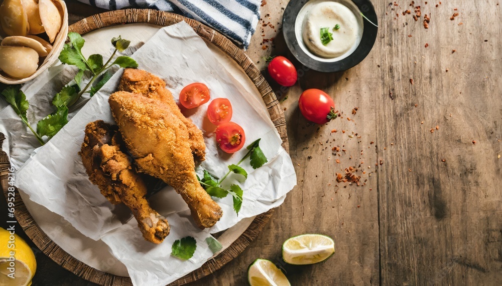 Copy Space image of crunchy Baked Chicken Tenders on a plate with tomato sauce, flat lay Copy Space image of crunchy Baked Chicken Tenders on a plate with tomato sauce, flat lay