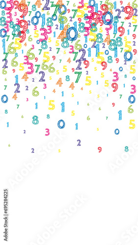 Falling colorful orderly numbers. Math study concept with flying digits. Majestic back to school mathematics banner on white background. Falling numbers illustration.