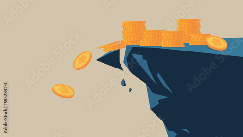 The cliff is collapsing and dollar coins are falling.