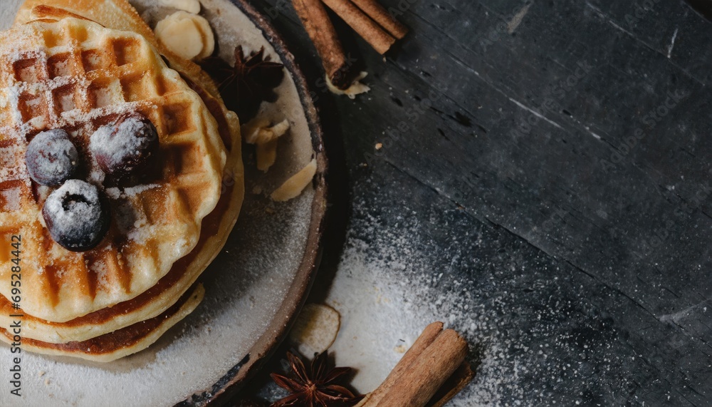 Copy Space image of Belgian waffles with strawberries, blueberries and syrup on wooden table. Copy Space image of Belgian waffles with strawberries, blueberries and syrup on wooden table.