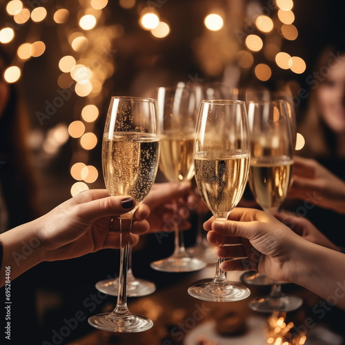 Group of friends toasting with champagne at christmas party, closeup on hands holding glasses clinking together