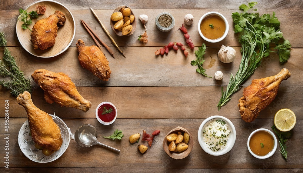 Copy Space image of Breaded chicken drumstick, leg, wing and breast tenders strips. Dark Wooden background.