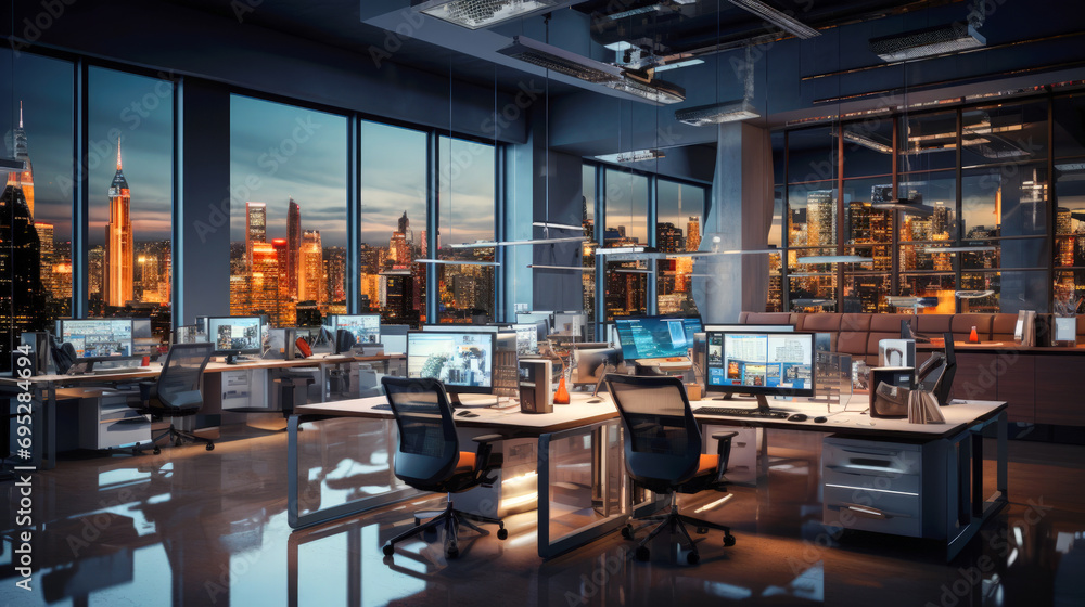 Workplace design. Urban office with city view. cityscape view. Computer center. Office furniture. Modern office space. 4K high resolution 16:9 wallpaper background image.