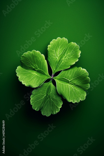 Four-leaf green clover on one colour green background top down view created with Generative Ai
