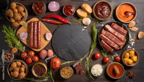 Barbecue menu. Grilled meat and vegetables on rustic wooden table © ImagineWorld