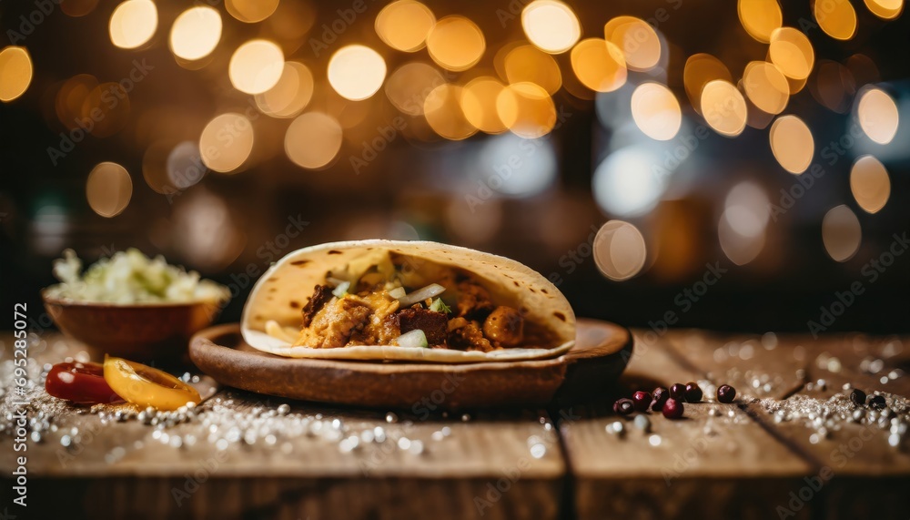 Mexican fiesta dinner, chicken tortillas stuffed with yellow, red and green sweet pepper with bokeh background.