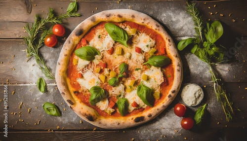 Copy Space image of Pizza Margherita on wooden background, Pizza Margarita with Tomatoes,