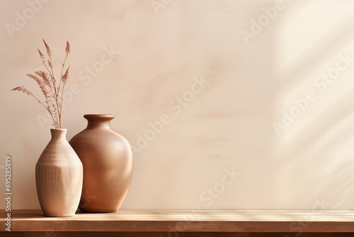 Minimal Boho beige copy space background. Monochrome minimalist empty wooden table with clay vase. Wall scene mockup product for showcase, display, home product promotion background. generative ai.