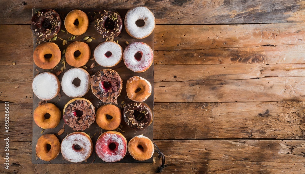 Fototapeta premium Copy Space image of Variety of donuts over a rustic background shot from overhead