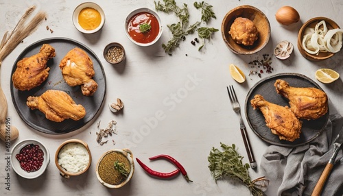 Copy Space image of Breaded chicken drumstick, leg, wing and breast tenders strips. Dark Wooden background.