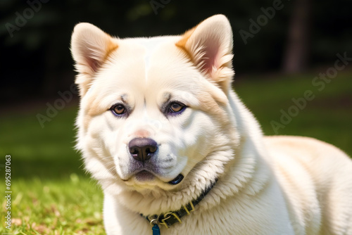 Portrait of a beautiful Japanese Akita dog in the park. Generative AI