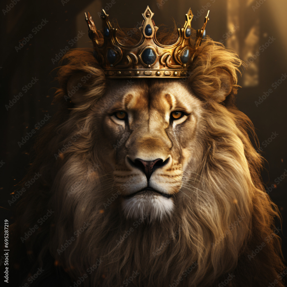 Lion with a crown on his head on a dark background