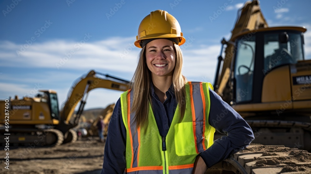 Female construction worker near to backhoe on the construction site. Female construction worker near to backhoe on the construction site.
