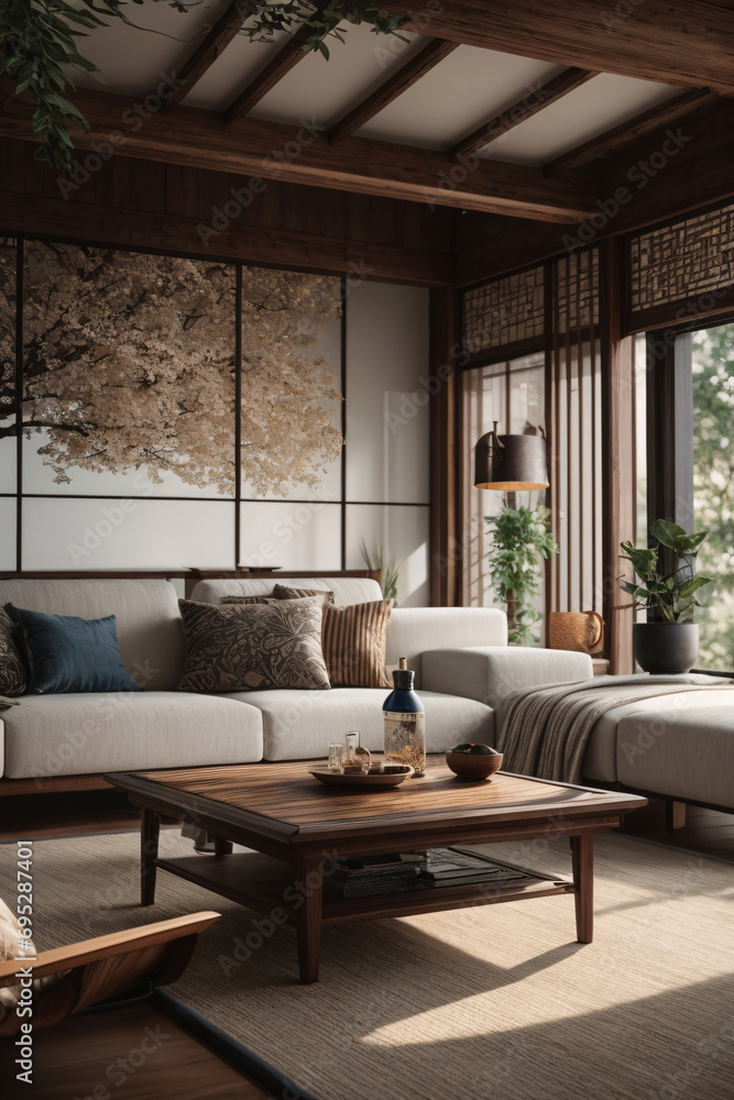 Japanese-style home interior design of modern living room. Rustic coffee table near white sofa