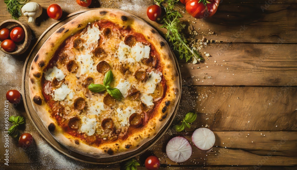 Copy Space image of Pizza Margherita on wooden background, Pizza Margarita with Tomatoes, Copy Space image of Pizza Margherita on wooden background, Pizza Margarita with Tomatoes,