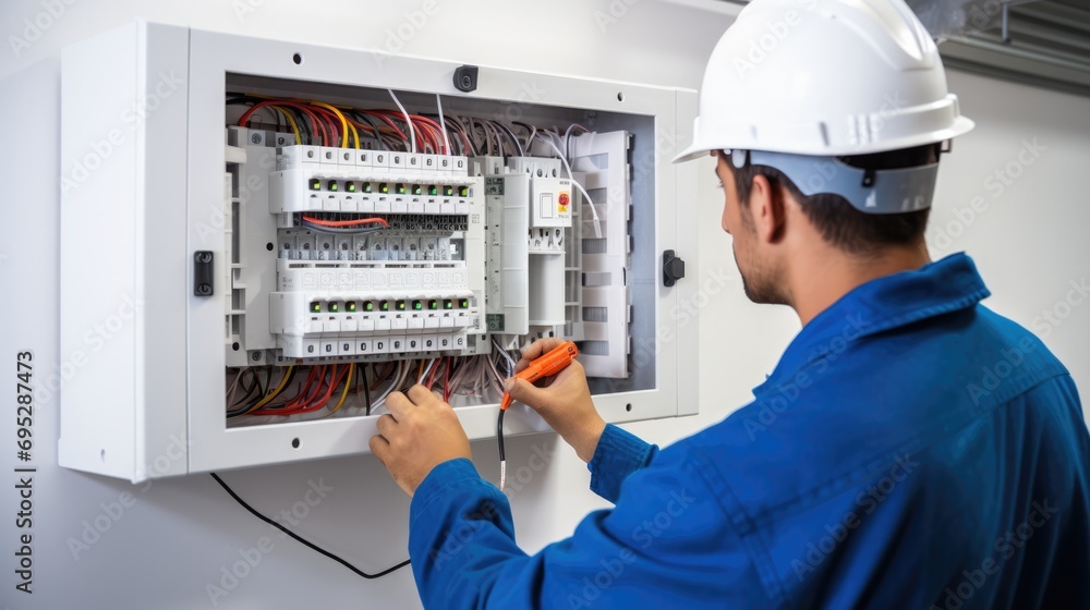 Professional electrician man works in a switchboard with an electrical connecting cable, Electrician repairing - obrazy, fototapety, plakaty 