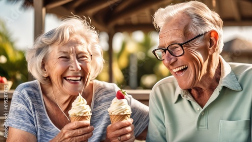An elderly couple laughing and eating ice cream