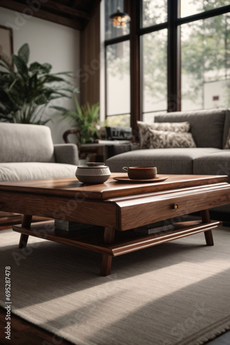 Japanese-style home interior design of modern living room. Rustic coffee table near white sofa © Bockthier