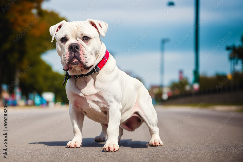 Portrait of a beautiful dog breed English Bulldog. A beautiful American Bulldog dog in the park.  Generative AI