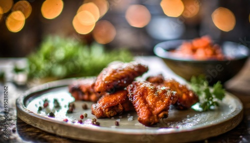 Copy Space image of Grilled chicken wings with sauces on a wooden board. Traditional baked bbq buffalo wing on bokeh background. photo