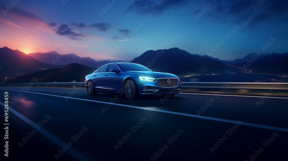 A midnight blue business car navigates a high-speed turn, its elegant form captured in perfect lighting that bathes the scene in a cinematic atmosphere (1) - obrazy, fototapety, plakaty 