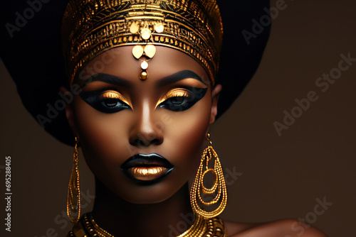 Afro american woman with ideal skin wearing golden luxury jewels