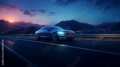 A midnight blue business car navigates a high-speed turn, its elegant form captured in perfect lighting that bathes the scene in a cinematic atmosphere (1) photo