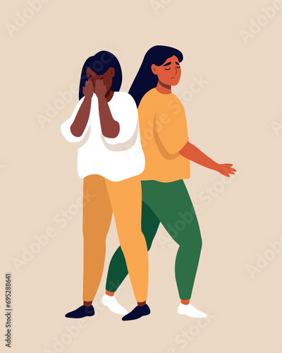 Hand painted unhappy young women in depression in different poses Concept of grief frustration and depression Colored flat vector illustration isolated on simple background.