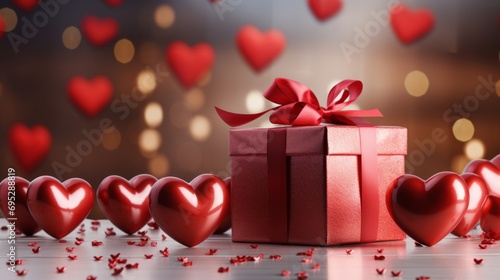 Valentine's day Pink Gift box with red hearts decorations on pink background The concept of a holiday surprise for Valentine's Day, New Year's, or Christmas. Valentines Day concept