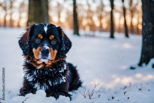 Portrait of a beautiful dog breed American Cocker Spaniel. A beautiful Cavalier King Charles Spaniel dog in the park.  Generative AI photo